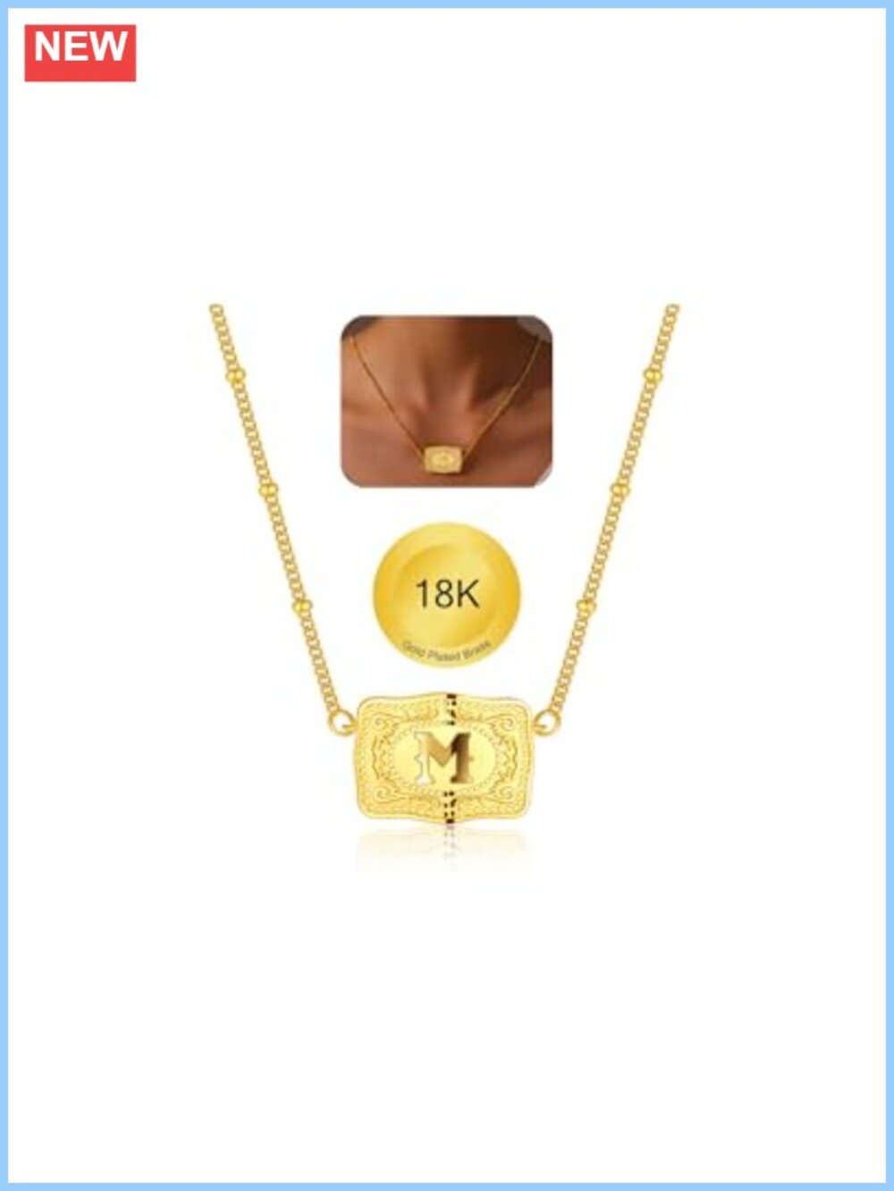 2 Pcs Gold Plated Initial Necklace Bracelet Set Western Belt Buckle Jewelry